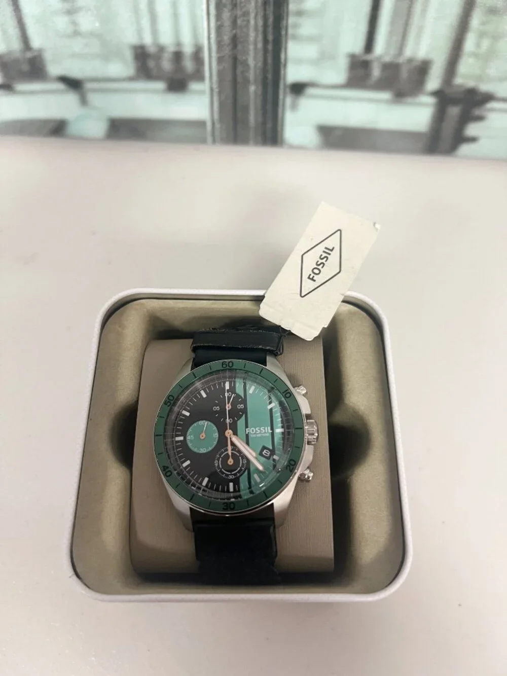 Fossil BQ16231014 Men Chronograph Watch 43mm Steel Case Green Bezel